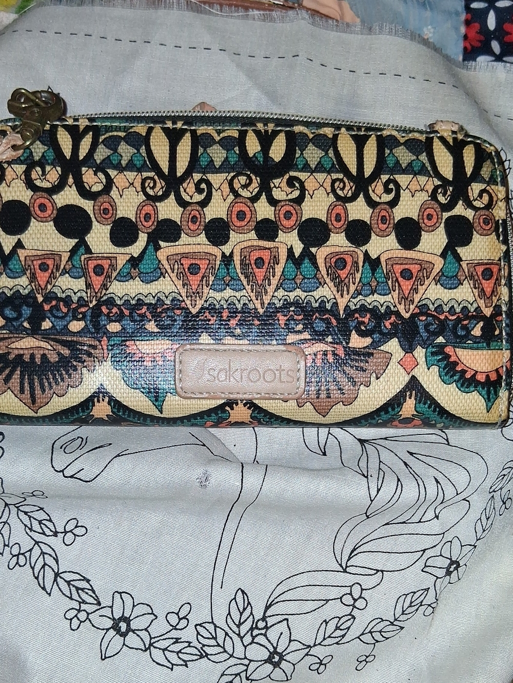Sakroots Tan Coral Teal Patterned Zip Wallet